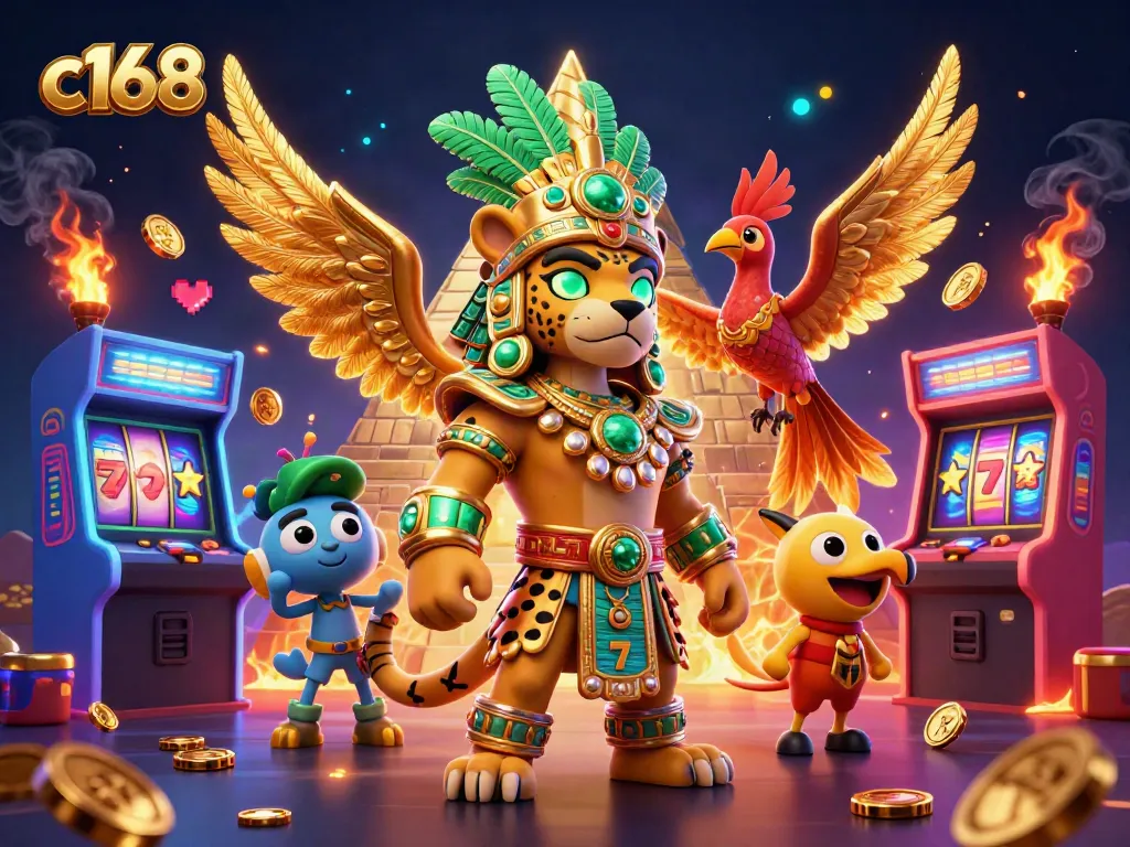 Engage with c168's thrilling casino experience, showcasing slot reels and vibrant game elements.