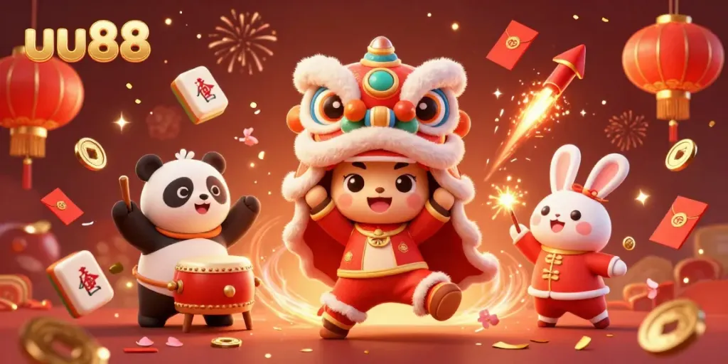 Engage in vibrant gambling with uu88 in a dynamic celebration scene featuring a lion dance and lucky decorations.