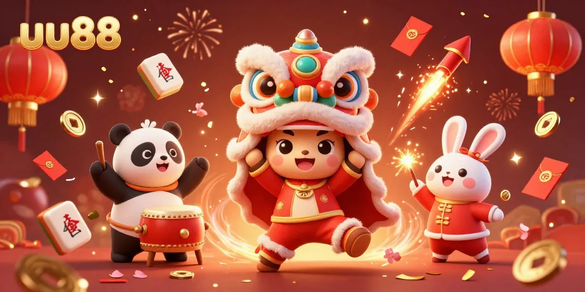 Engage in vibrant gambling with uu88 in a dynamic celebration scene featuring a lion dance and lucky decorations.