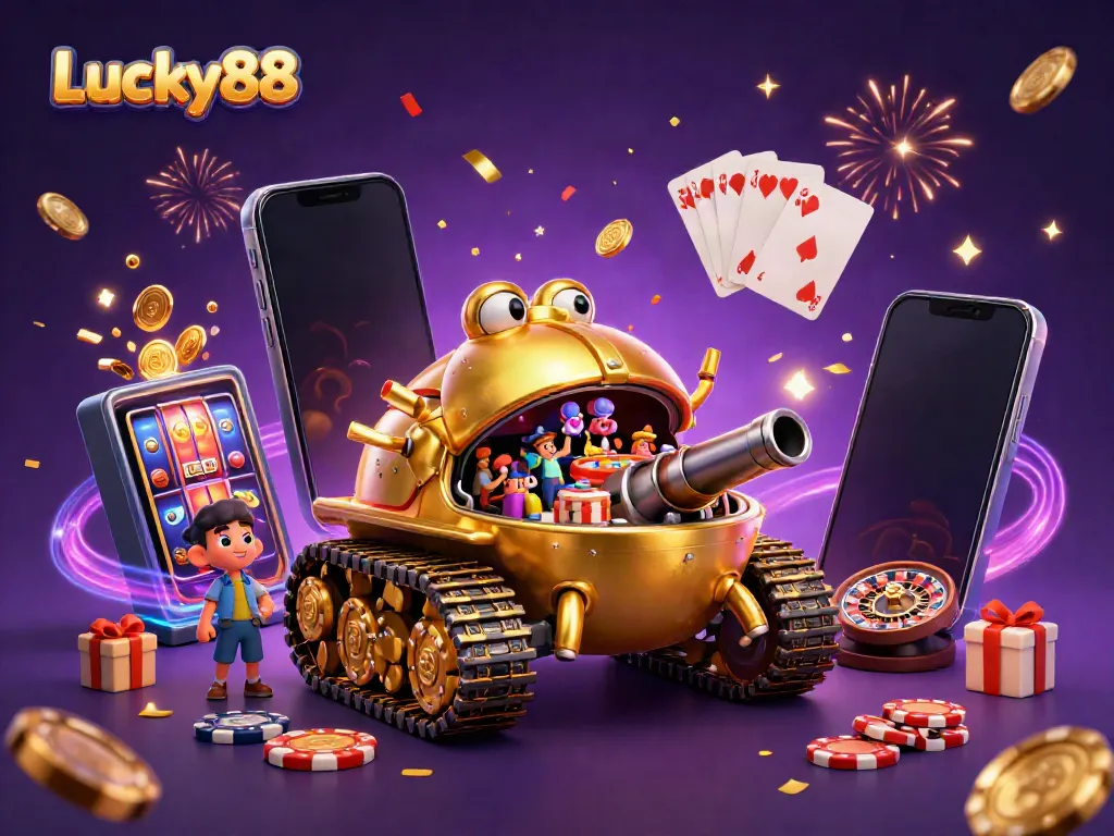 Experience the excitement of Lucky88 in a vibrant casino scene with confetti and gold coins.