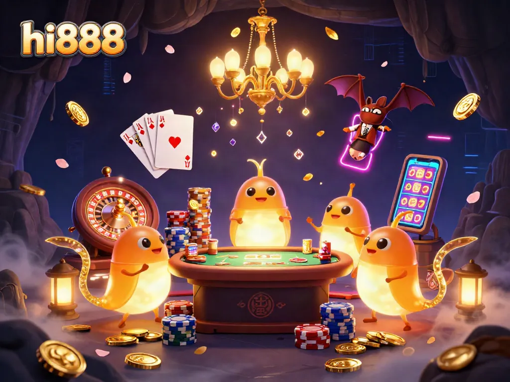 Experience thrilling games at hi888, featuring vibrant casino elements and animated characters.