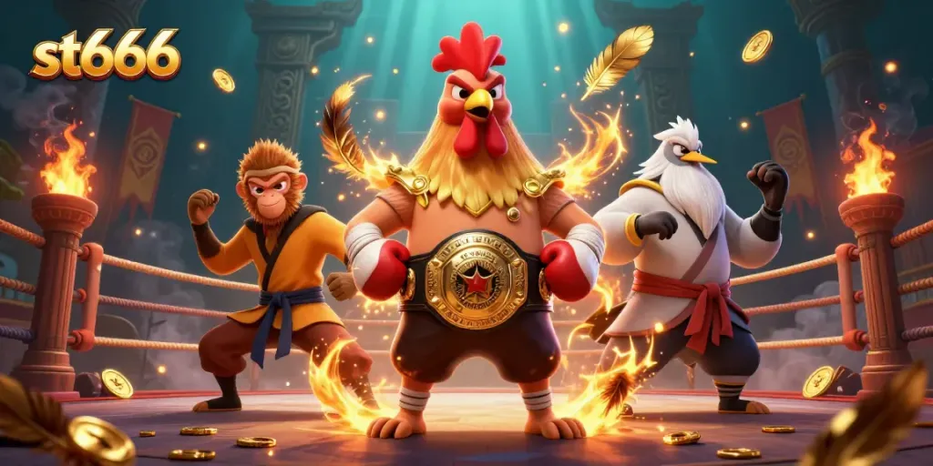 Engage in thrilling gaming action with st666 as a fierce rooster, monkey, and crane explode into a dynamic scene.