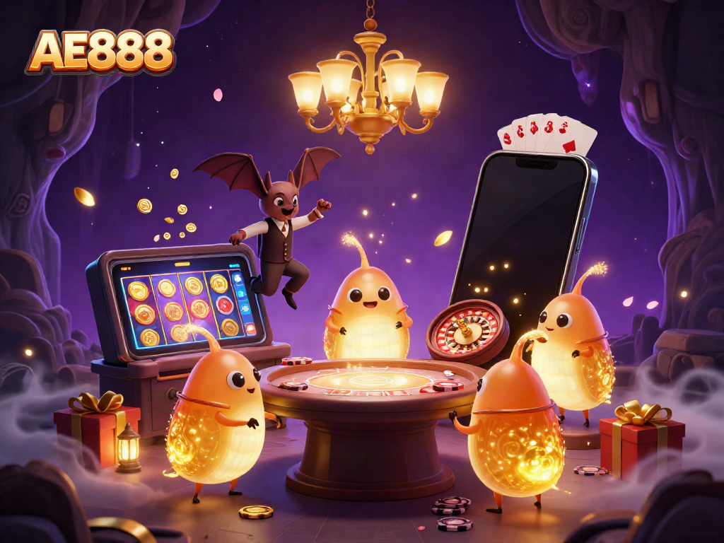 Engage in exciting gameplay at AE888 with glowworms lighting a cave casino, colorful slots, and a bat dealer.