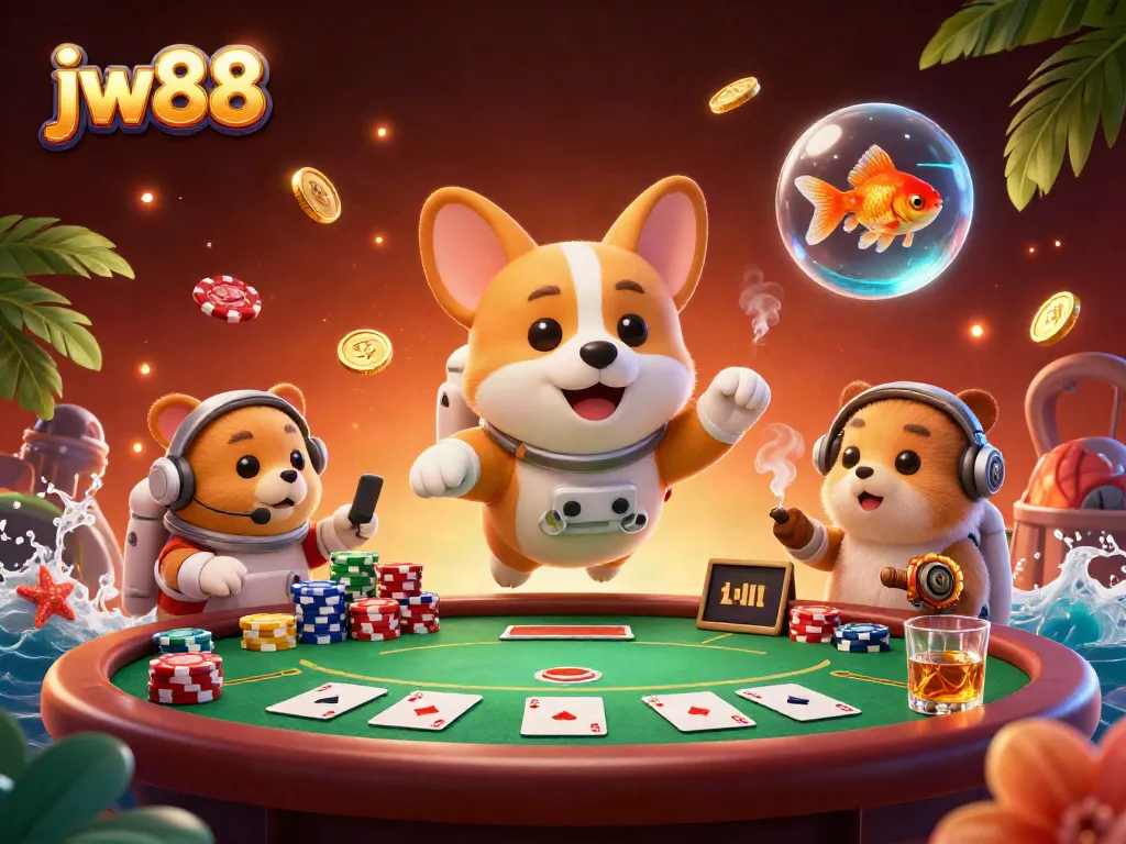 Engage with jw88 at a space-themed online casino showcasing vibrant gaming elements like poker tables and floating coins.