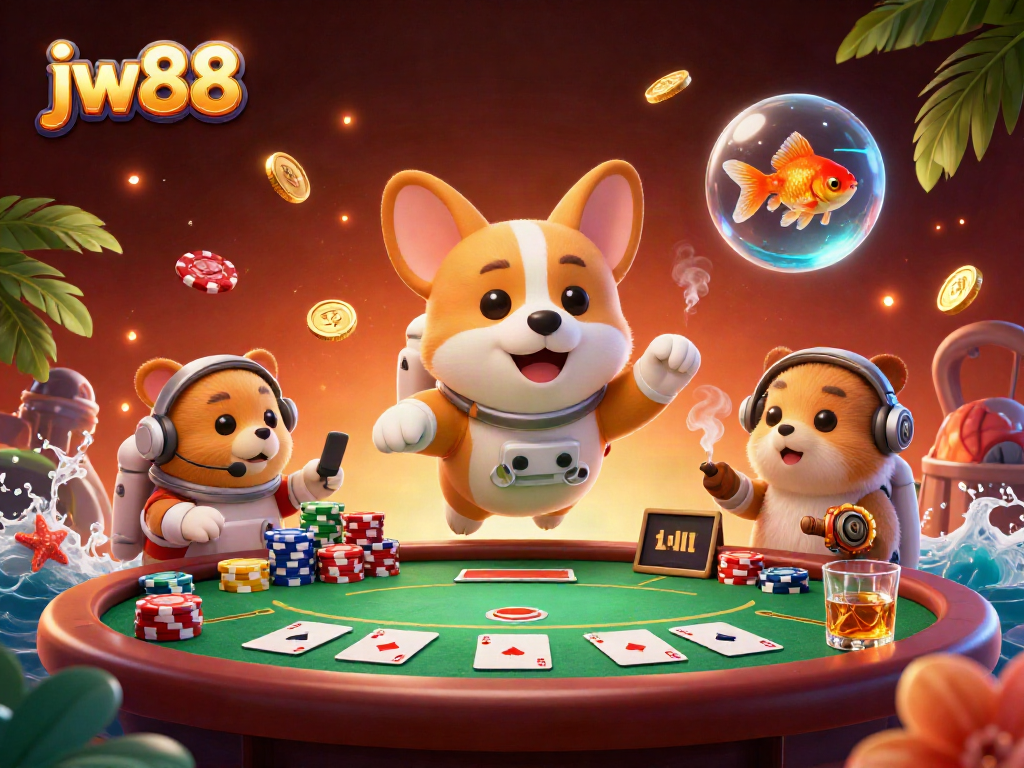 Engage with jw88 at a space-themed online casino showcasing vibrant gaming elements like poker tables and floating coins.
