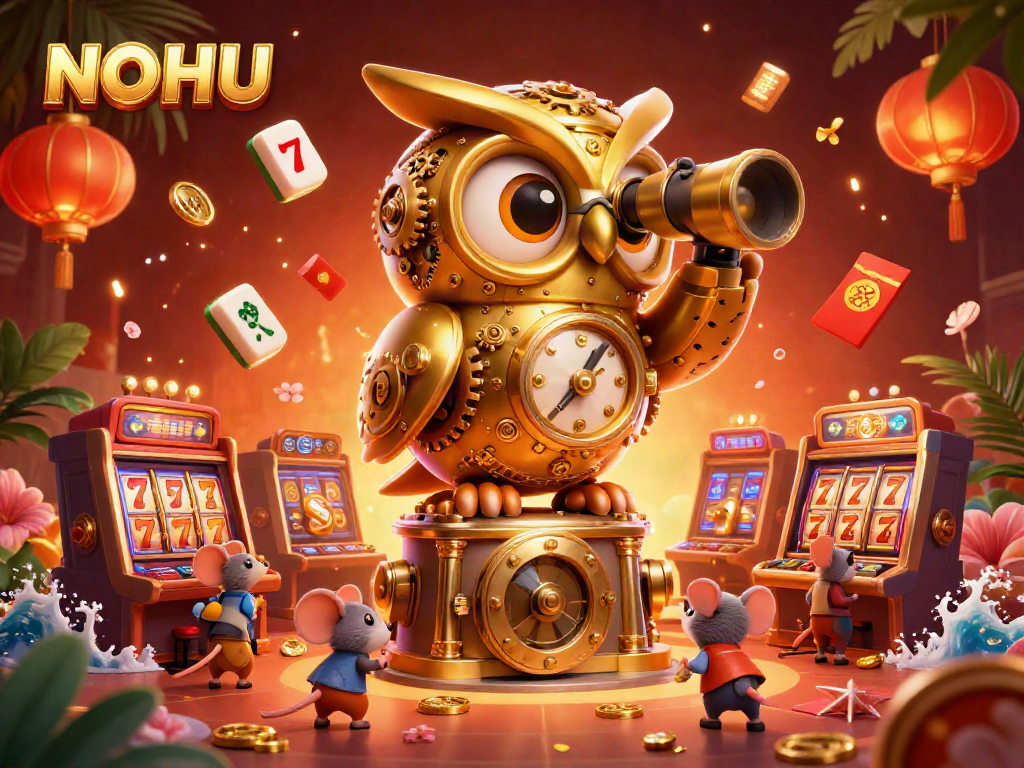 Engage in thrilling gameplay at NOHU's vibrant casino, featuring a golden owl and lively arcade.