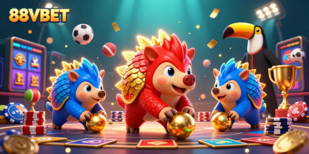Engage in thrilling gaming action at 88VBET with rival pangolins amidst golden jackpots and vibrant casino elements.