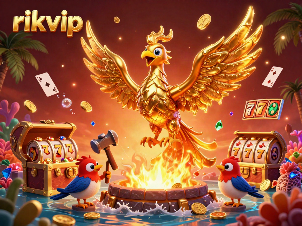 Experience thrilling wins at rikvip with a vibrant casino-themed scene showcasing games and golden rewards.