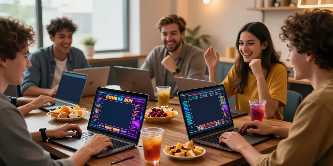 Excited friends enjoy Bonus Buy slots at a virtual casino with laptops and vibrant snacks, showcasing online gaming fun at https://stargazyinn.co.uk.