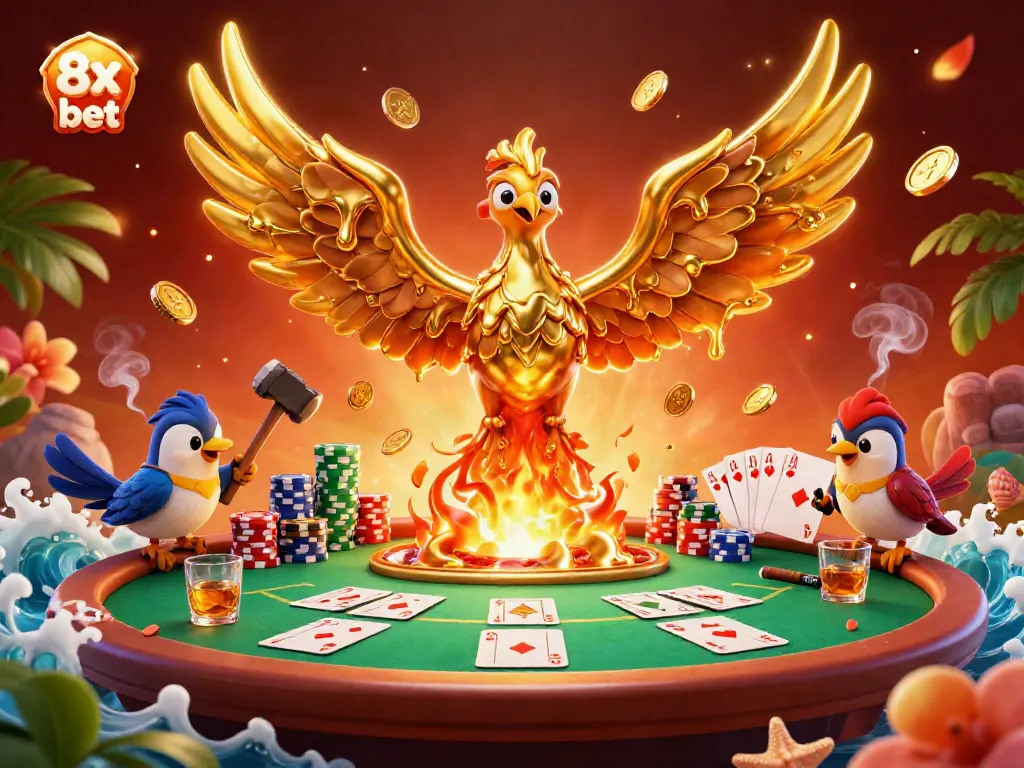 Experience thrilling gaming with the dynamic scene of 8x bet showcasing a golden phoenix, poker chips, and a vibrant poker table.