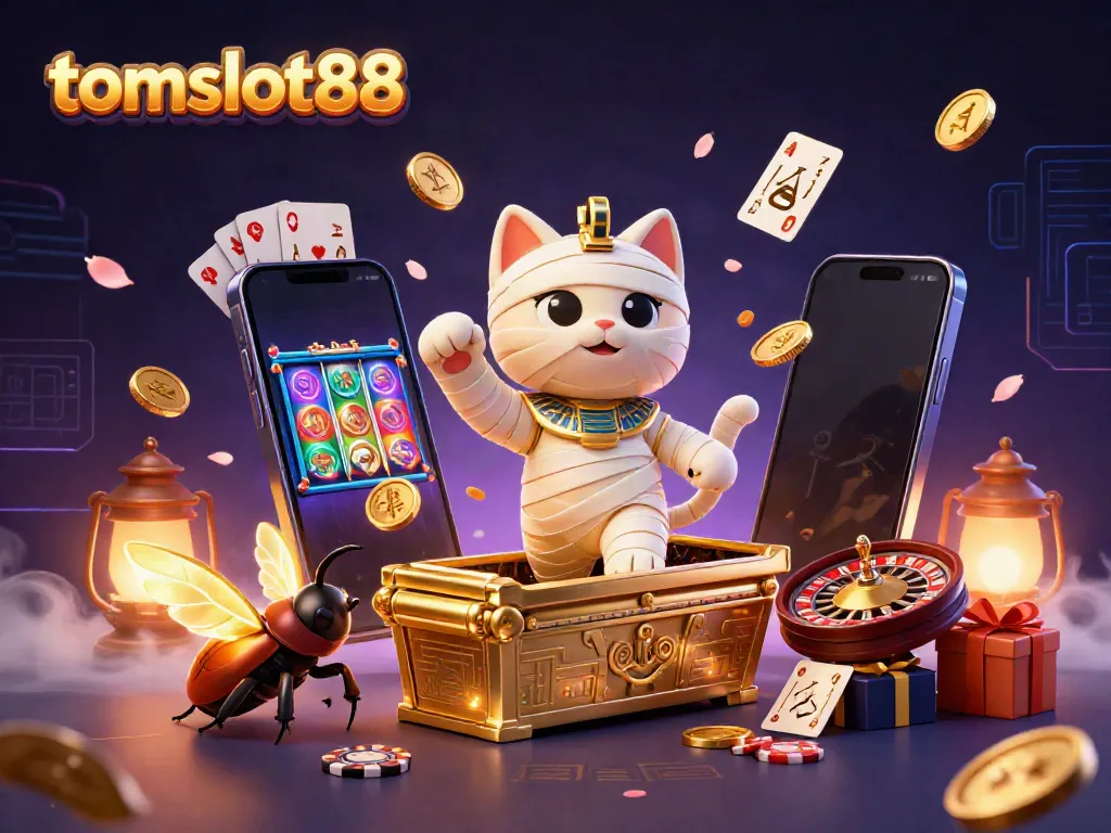 Experience thrilling wins with tomslot88 as a mummy cat bursts from its sarcophagus in a vibrant casino scene.