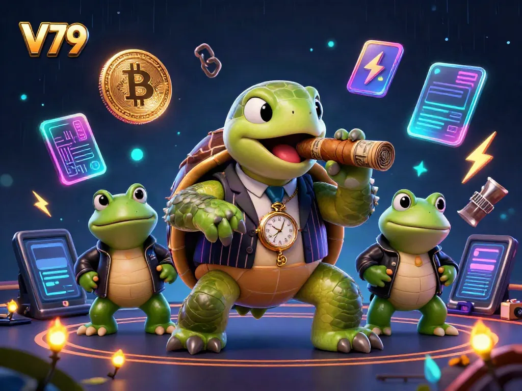 Join the excitement at V79 as a snapping turtle in a suit leads two bullfrog buddies on a vibrant casino adventure!