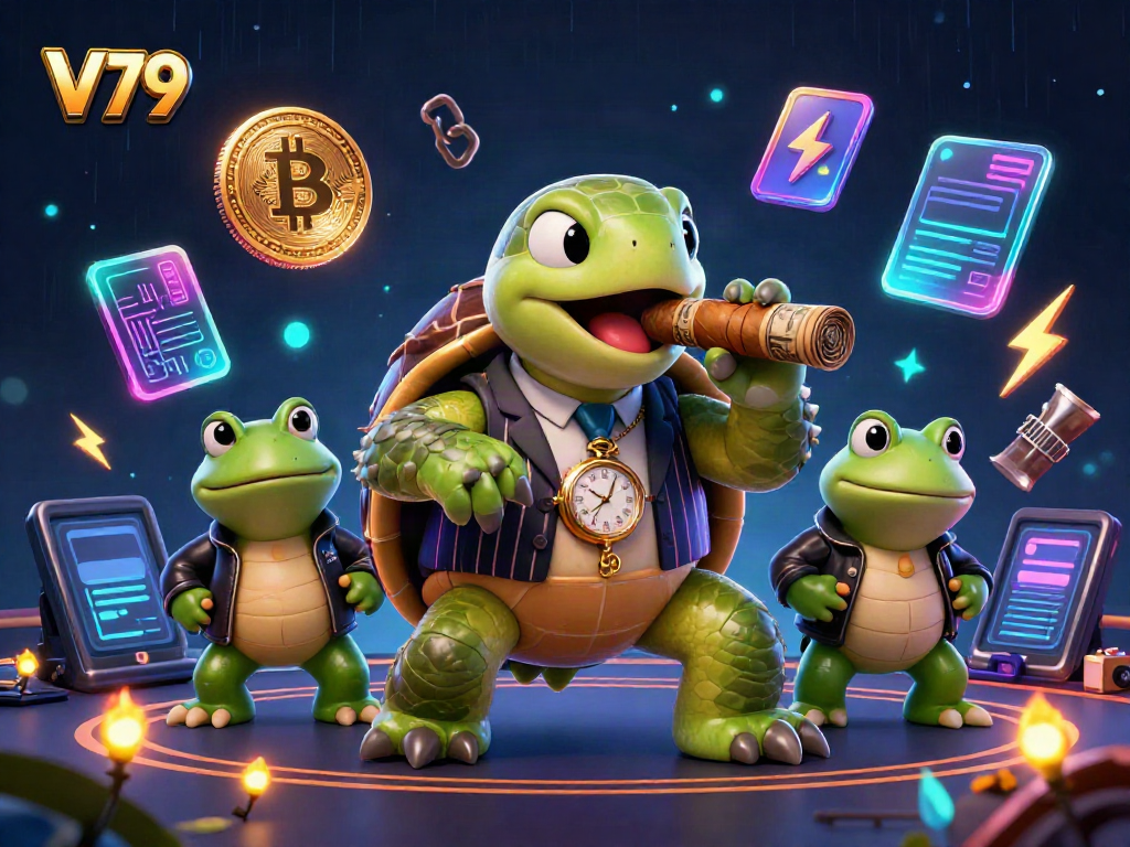 Join the excitement at V79 as a snapping turtle in a suit leads two bullfrog buddies on a vibrant casino adventure!