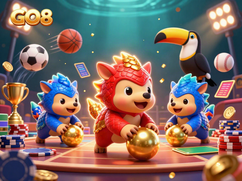 GO8 pangolins bowling through poker chips while enjoying a dynamic casino scene