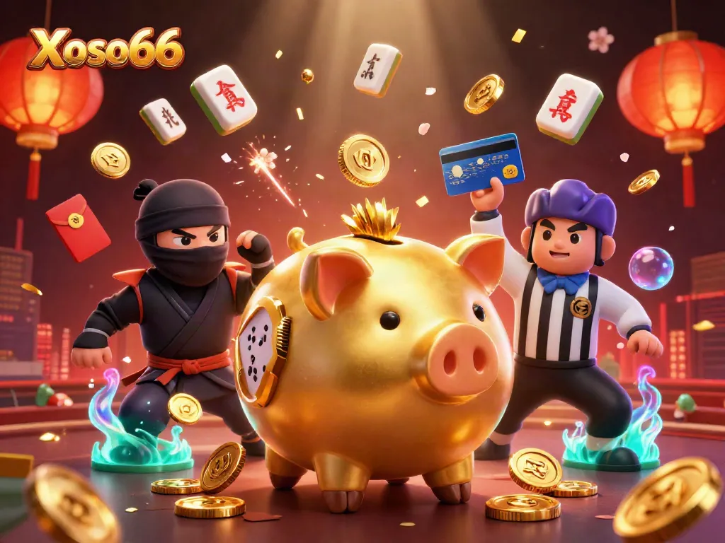 Xoso66 offers vibrant casino fun with a dynamic scene featuring a sumo wrestler, ninja, and referee.