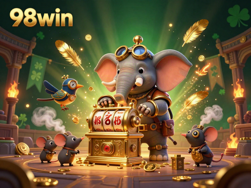 Engage with thrilling slot machines and gaming action at 98win, featuring a steampunk elephant and captivating elements.