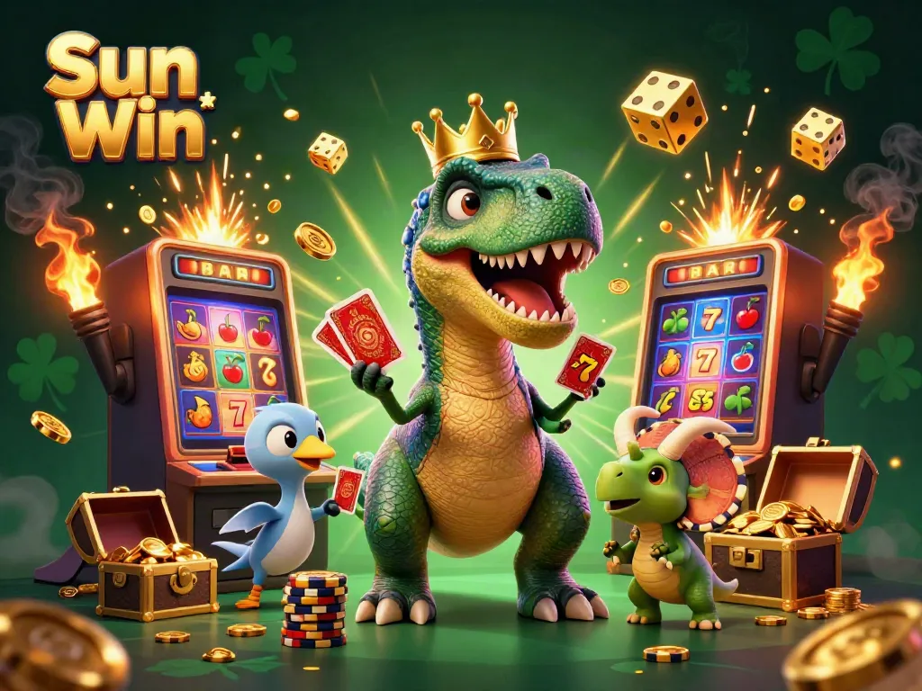 Experience thrilling gameplay with vibrant characters in a Sun Win casino scene featuring jackpots and games.