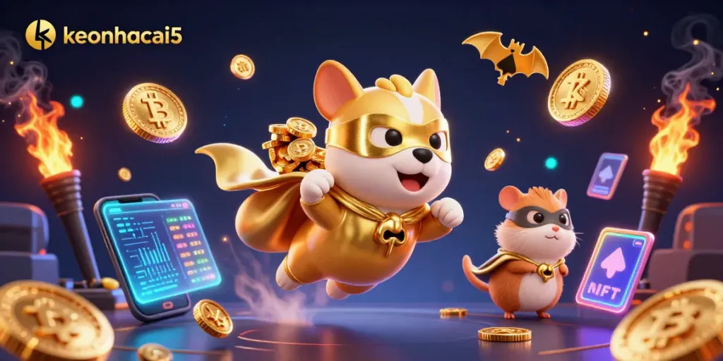 Catching waves of luck with keonhacai5’s superhero dog and hamster duo surrounded by crypto coins.