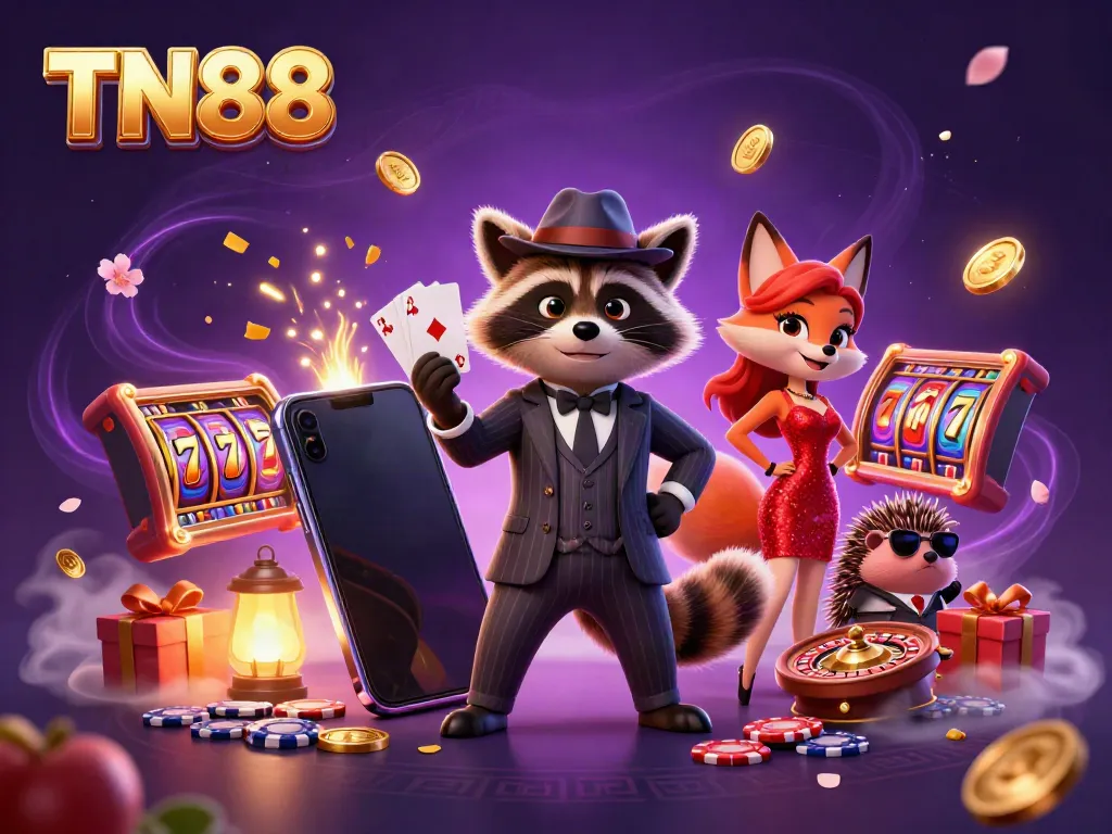 Experience the excitement of TN88 with 3D casino characters amid vibrant slot game action.