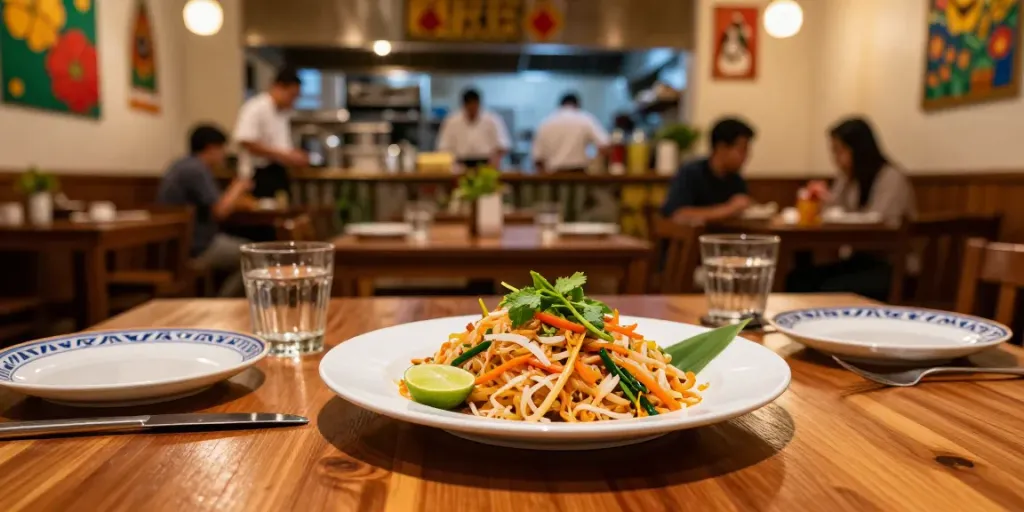 Dining experience at kinalyrestaurant.com featuring Pad Thai presentation.