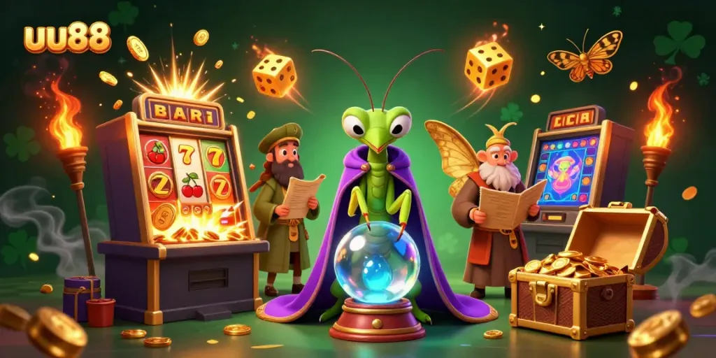 Experience the magical world of uu88 with a colorful slot machine, oracle characters, and jackpot explosions.