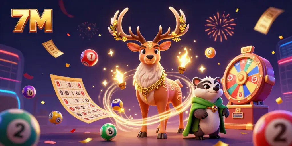 Engage with 7M's immersive casino experience featuring druid stag and badger amidst lottery elements.