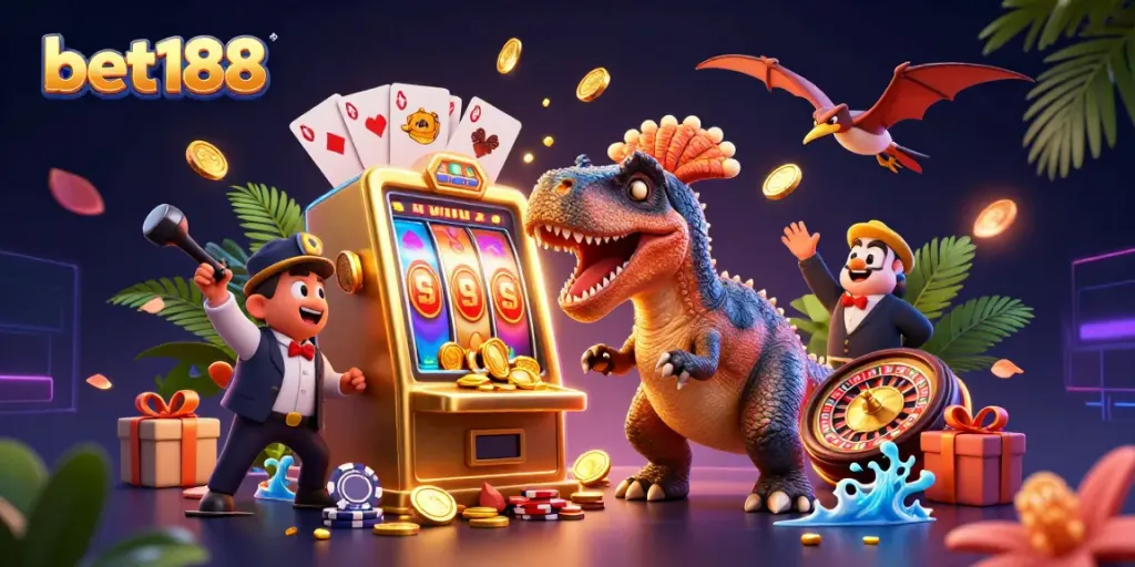bet188 scales the excitement with a dinosaur winning big at the slot machine amidst a casino chaos.