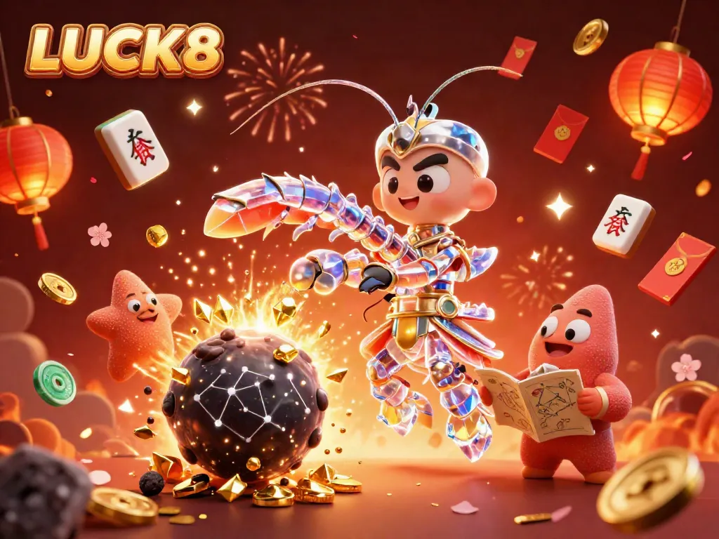 Experience LUCK8 excitement with a galactic samurai shrimp battling through golden asteroid treasures.