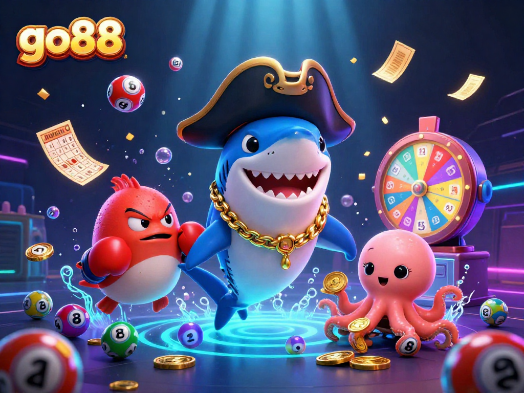 Excite with go88's thrilling gaming scene featuring a pirate shark, pufferfish, and octopus in action!