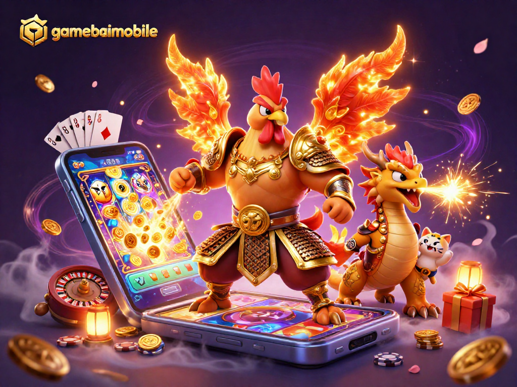Engage with gamebaimobile's exciting slot games featuring a fighting rooster and dragon in an animated casino scene.