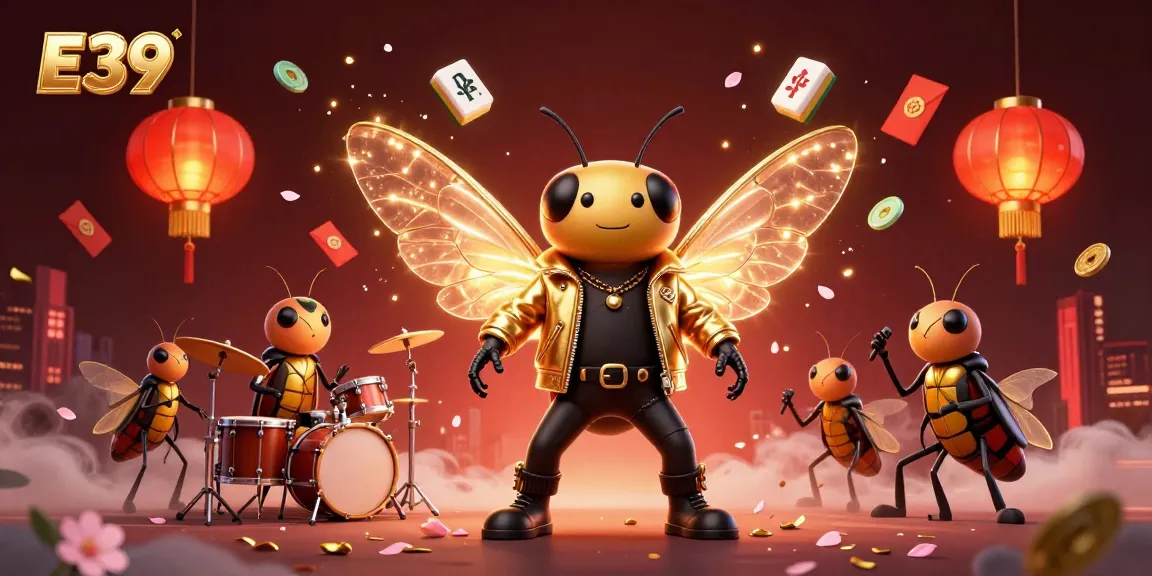 E39 casino scene featuring a cicada rock star with animated wings and a beetle drummer, surrounded by game-related elements.