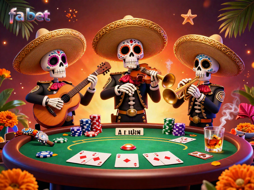 Experience the vibrant atmosphere of fa bet with colorful skeleton mariachi and poker elements.
