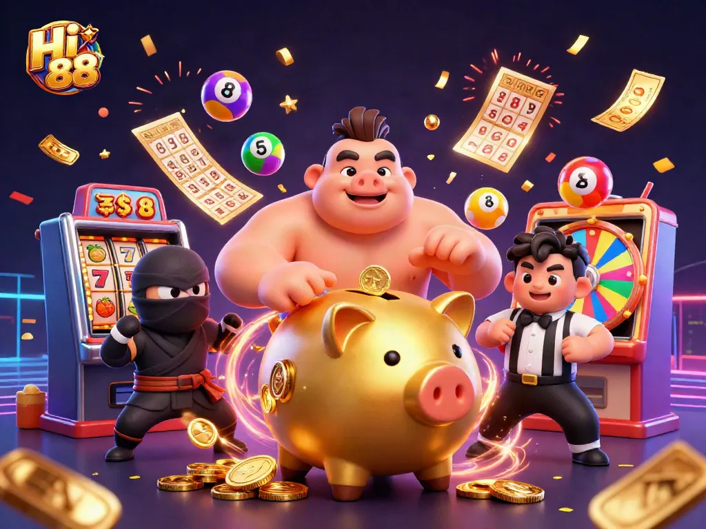 Spin to win with Hi 88 in this vibrant casino scene featuring dynamic characters and elements.