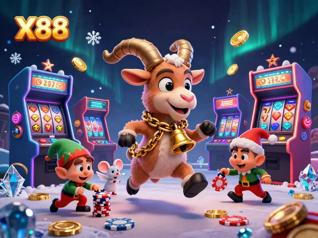 X88 casino illustration featuring Krampus, an angel mouse, and elf gremlins amid vibrant slot game elements.