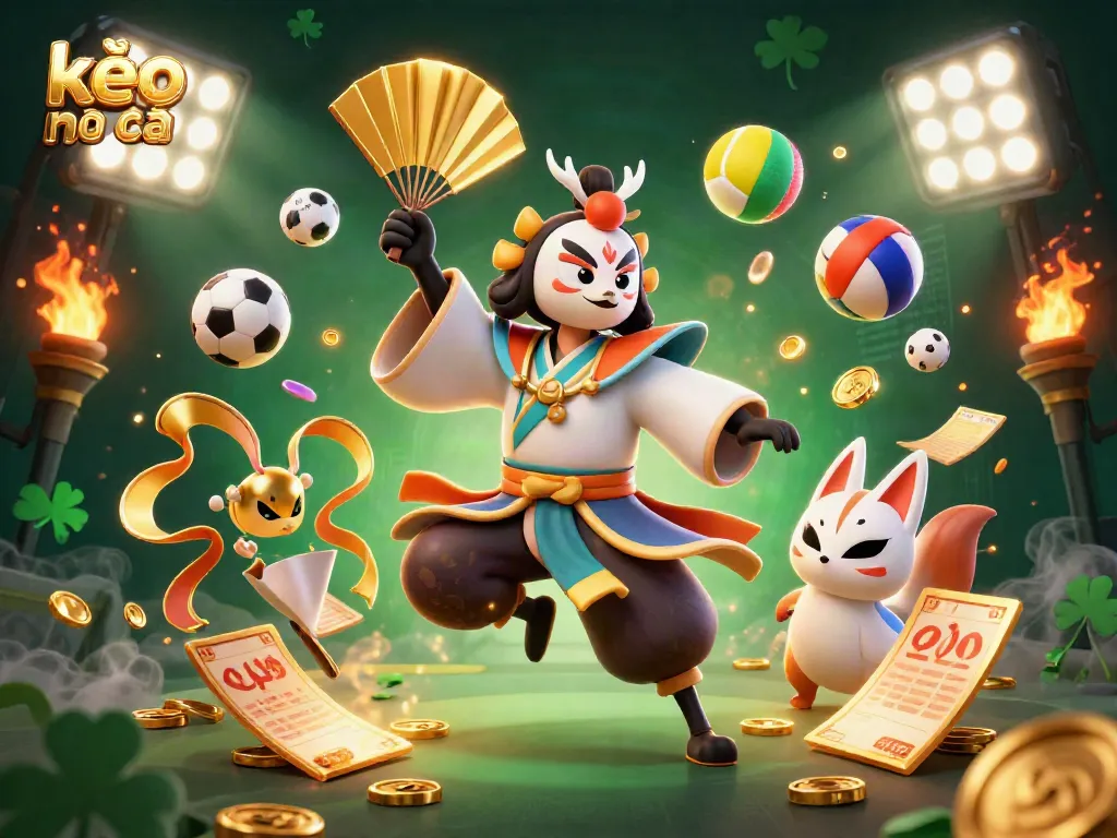 Engage with kèo nhà cái in this vibrant illustration showcasing sports betting excitement and cultural elements.