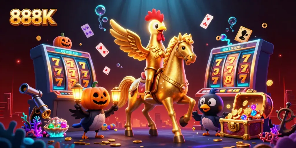 Play slots with 888K in a vibrant midnight casino scene filled with excitement and treasure.