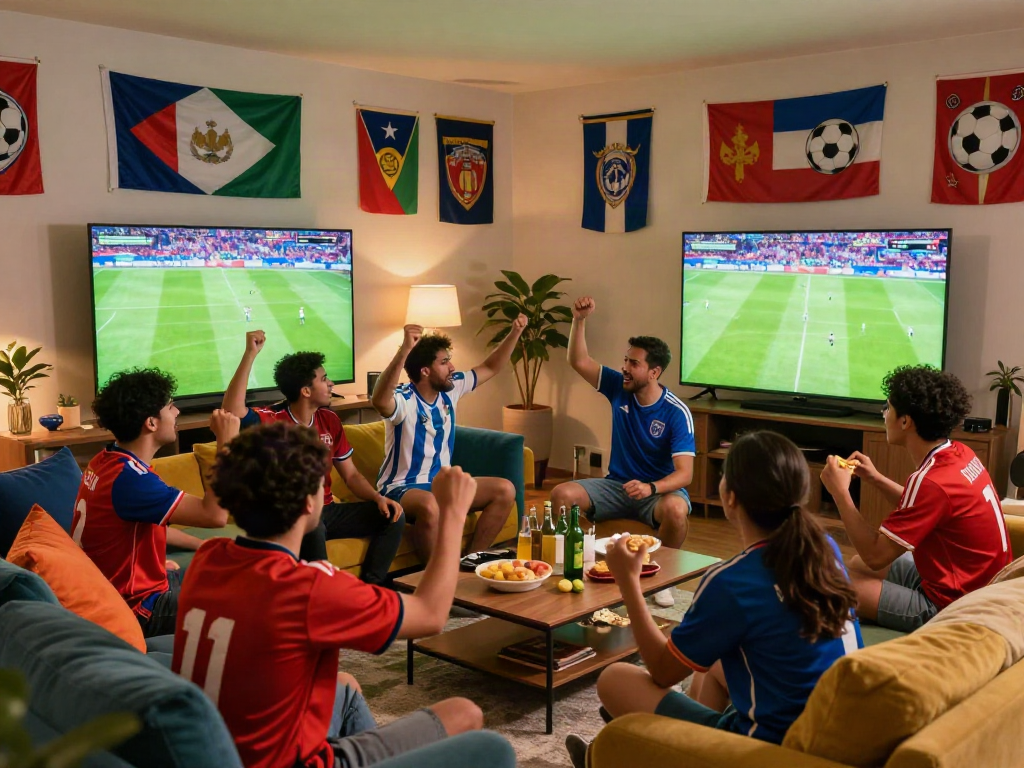 Excited fans watching xoilactv on a large screen, celebrating a live soccer match.