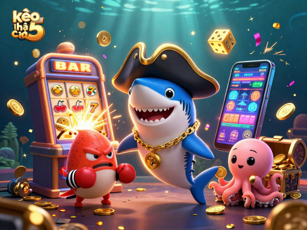 Engage with kèo nhà cái 5 through this vibrant 3D scene with dynamic casino elements and characters.