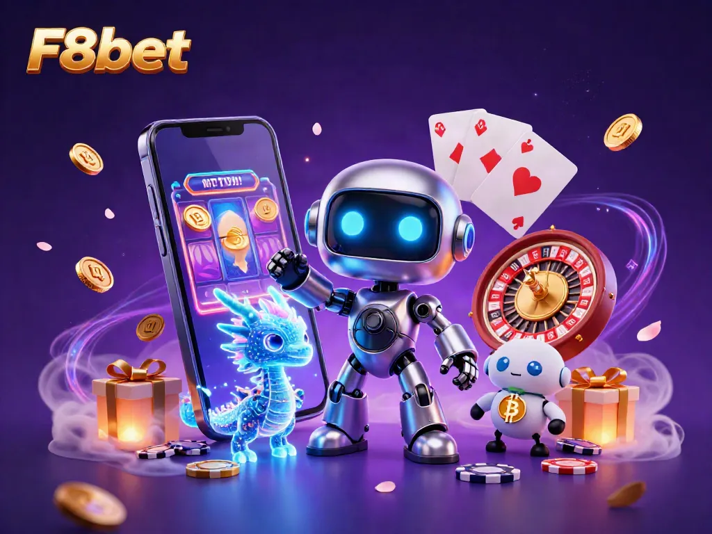 Experience the vibrant world of F8bet with a cyberpunk robot and a bitcoin drone in a dynamic casino scene.