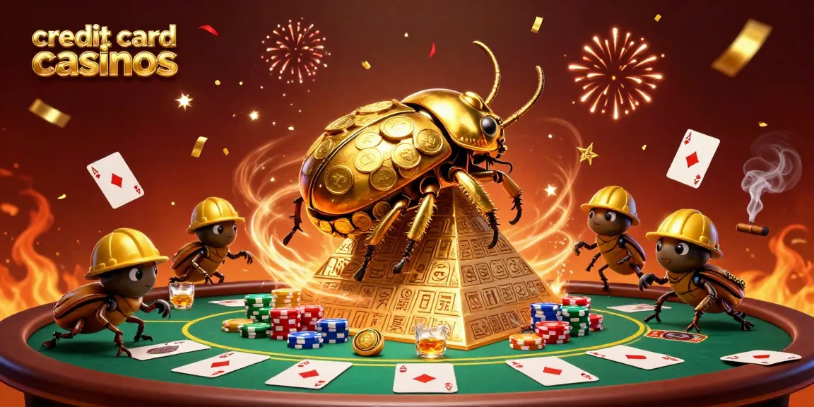 Experience exciting credit card casinos with a golden beetle rolling coins and poker tables filled with chips.