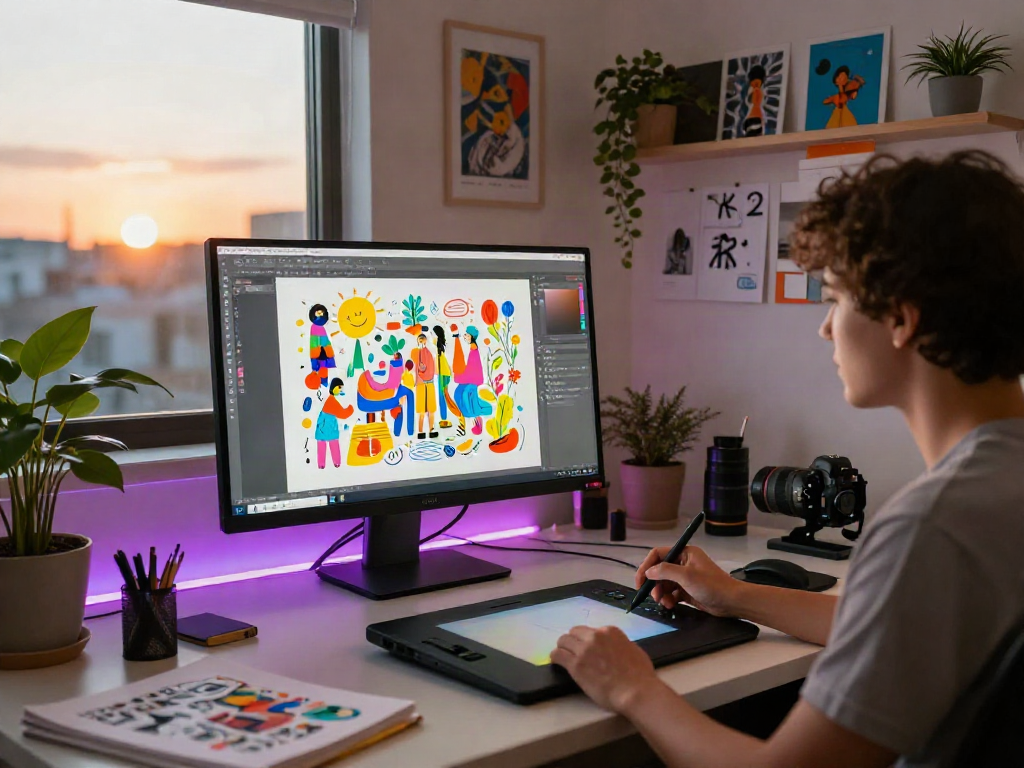 Dynamic digital art studio where an artist creates nsfw ai illustrations, showcasing creativity and innovation.