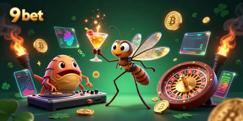 Experience exciting gameplay at 9 bet with this vibrant 3D casino scene featuring unique characters.