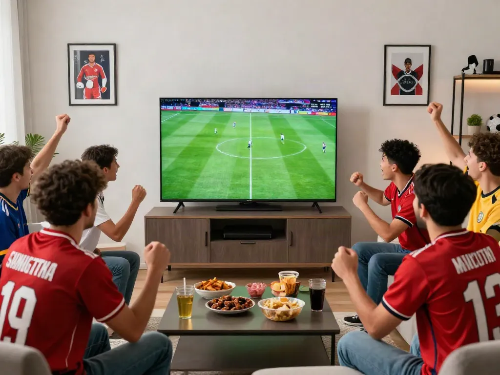 Thapcamtv fans enjoying a live football match in a vibrant living room.