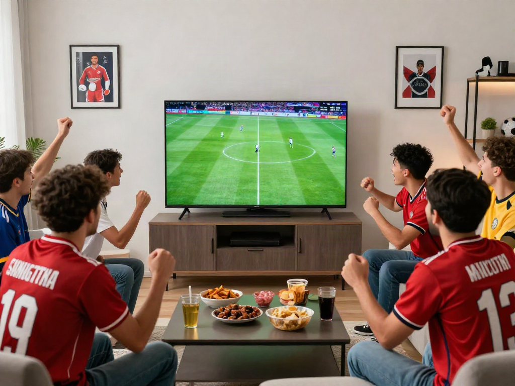 Thapcamtv fans enjoying a live football match in a vibrant living room.