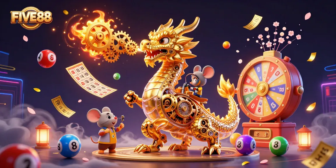 Join the excitement at FIVE88 as a golden dragon breathes gears amidst vibrant lottery elements and gaming energy.