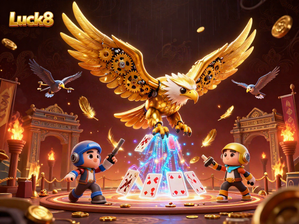 Luck8 online casino showcases vibrant gaming atmosphere with animated eagle and holographic cards.