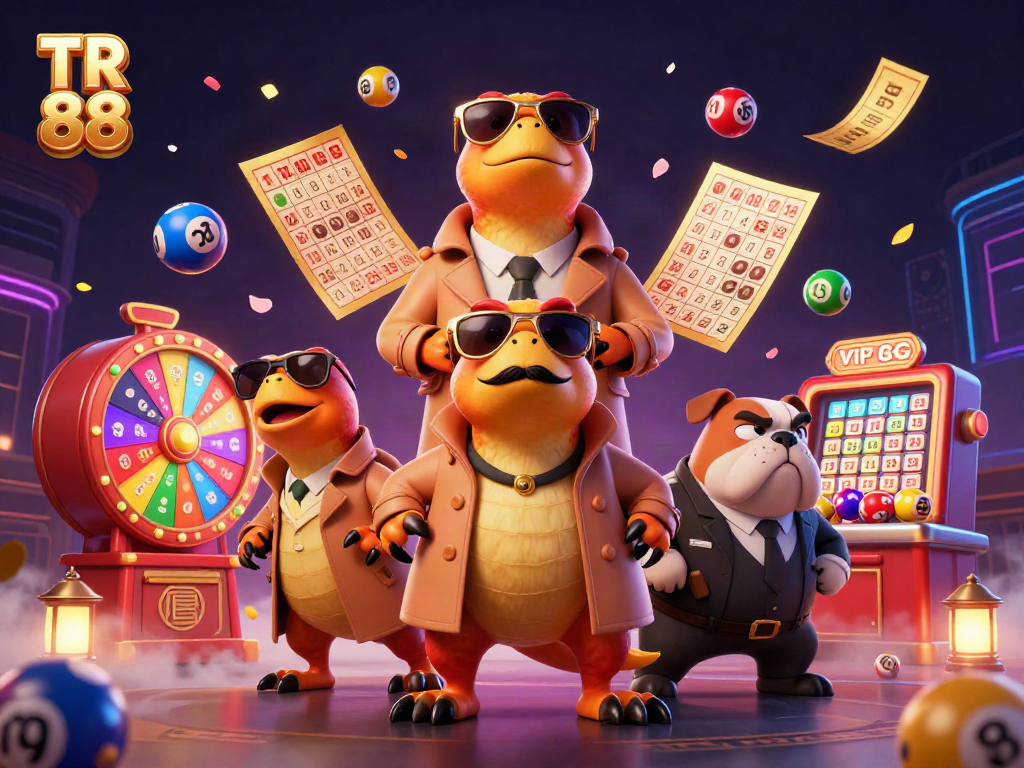 Raptors in a trench coat attempting to enter VIP lounge at TR 88 casino, surrounded by vibrant lottery elements.