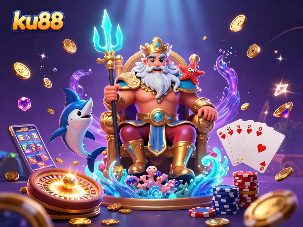 Win big at ku88 with vibrant casino elements featuring Neptune and gold coins.