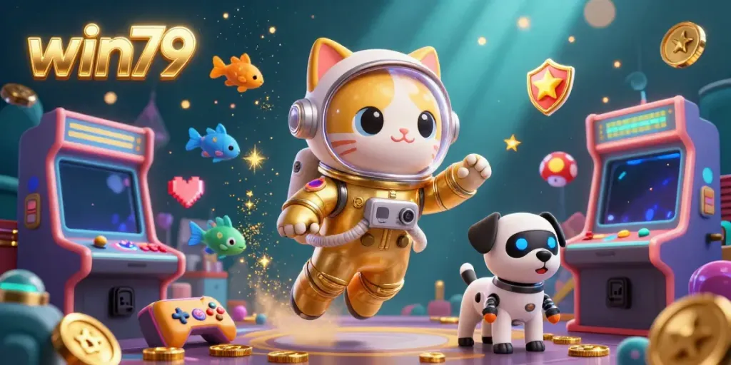 Join the exciting world of win79 with a vibrant 3D illustration of an astronaut cat and robot dog in a colorful arcade casino.