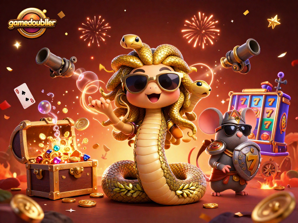 Play slots with gamedoubler in this vibrant 3D casino scene featuring Medusa and treasure.